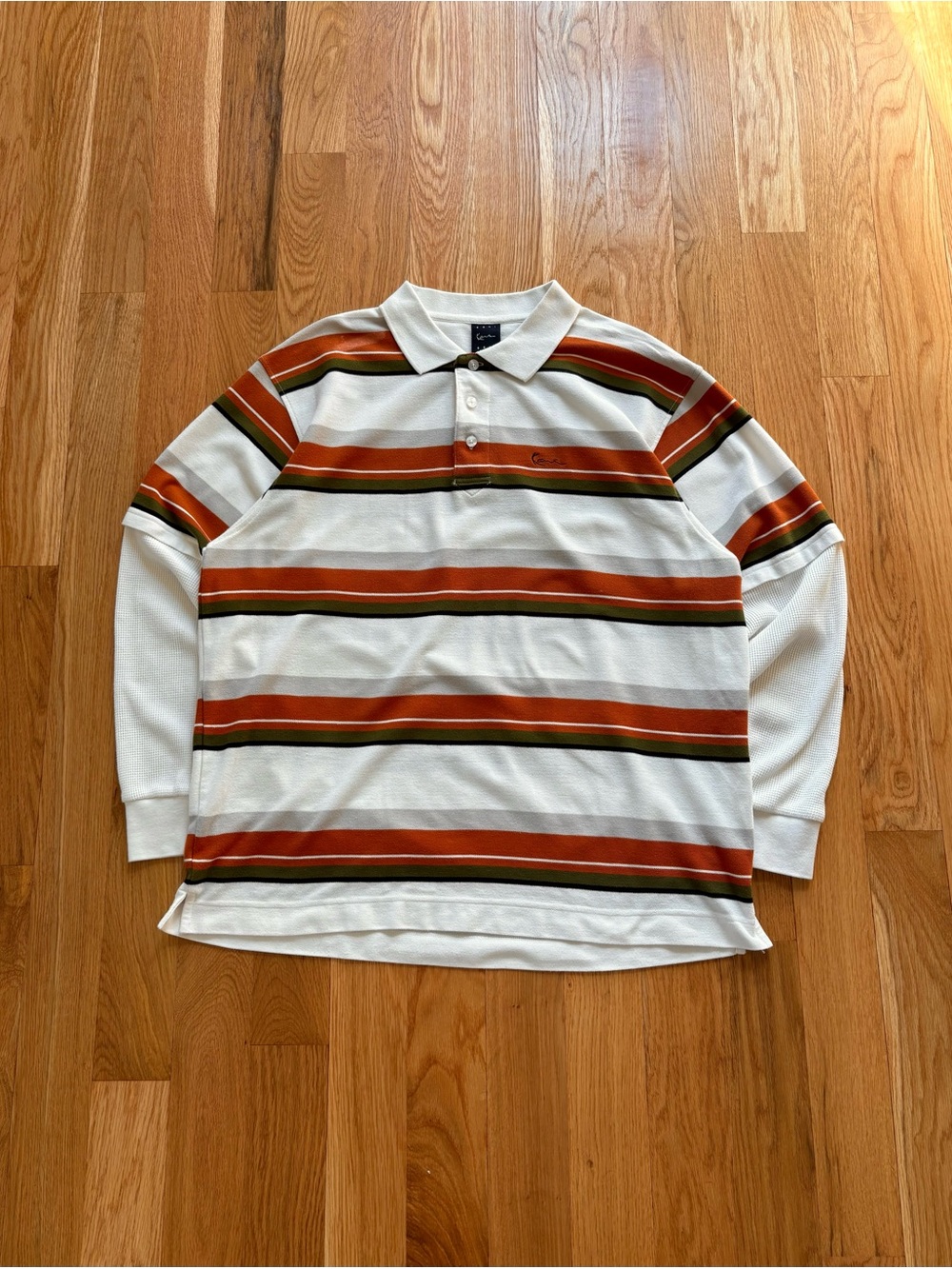 Karl Kani Gold Vintage Y2K Double Layer Waffle Knit Striped L/S Polo Shirt XL